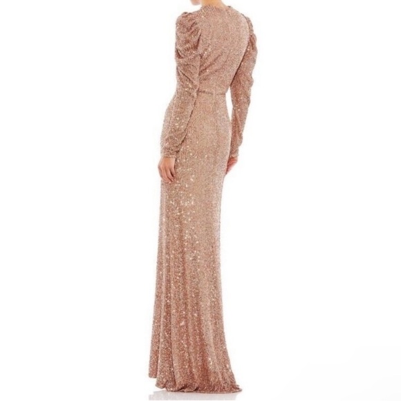 Mac Duggal Sequin High Neck Juliet Puff Long SleeveTrumpet Column Gown Copper